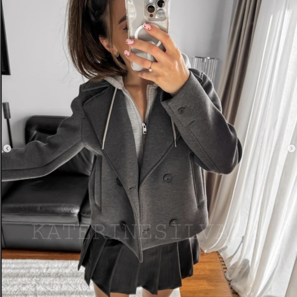 Zara Double-Breasted Pea Coat Grey